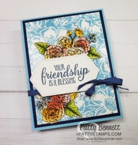 Wild Rose background stamp with clear embossing over stamped image. Color True Love DSP with Blending Brushes and fussy cut with Paper Snips. Card by Patty Bennett www.PattyStamps.com