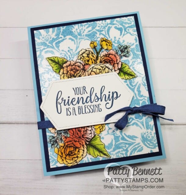 Wild Rose background stamp with clear embossing over stamped image. Color True Love DSP with Blending Brushes and fussy cut with Paper Snips. Card by Patty Bennett www.PattyStamps.com