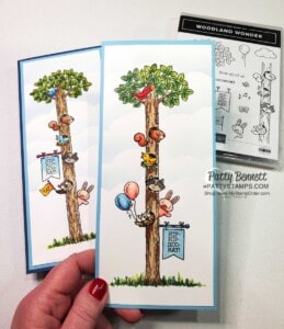 Slimline cards with Woodland Wonder stamp set from Stampin' Up! colored with Stampin' Blends markers. Make your own cloud stencil! www.pattyStamps.com