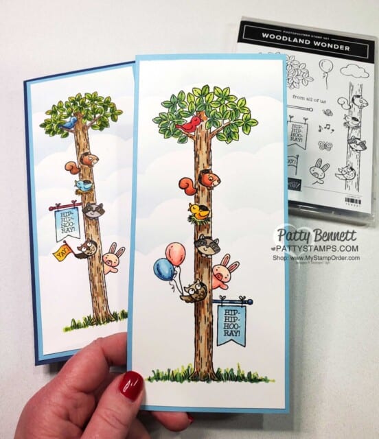 Slimline cards with Woodland Wonder stamp set from Stampin' Up! colored with Stampin' Blends markers. Make your own cloud stencil! www.pattyStamps.com