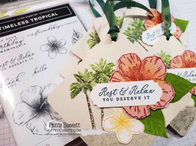Bag Tags for Luv 2 Stamp Group Maui Trip achievers featuring Stampin' Up! Timeless Tropical set, by Patty Bennett
