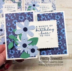 Fun Fold Card Idea featuring Stampin' Up! Pierced Blooms Dies and Boho Indigo designer paper. by Patty Bennett www.PattyStamps.com