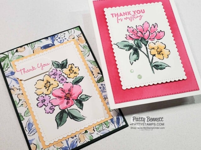 Hand-Penned Petals stamp set stamped with memento black ink and colored with Stampin' Blends markers, by Patty Bennett