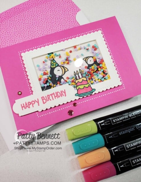 Party Puffins stamp set #155054 from Stampin 'UP!. Shaker card idea by Patty Bennett featuring Treasured Tags punch for the Happy Birthday banner and Stampin Blends marker coloring.