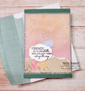 Friends are like Seashells card idea featuring Stampin' Up! Sand & Sea paper, seashell stickers, and vellum embossed with the Seashells embossing folder. by Patty Bennett www.PattyStamps.com