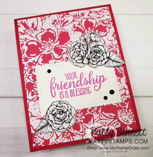 Wild Roses background stamp card idea featuring white embossing powder on Melon Mambo Stampin' Up! cardstock by Patty Bennett #154363