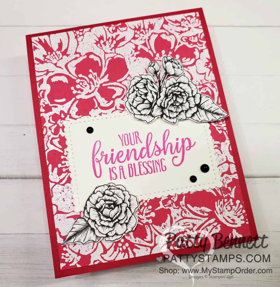 Wild Roses background stamp card idea featuring white embossing powder on Melon Mambo Stampin' Up! cardstock by Patty Bennett #154363