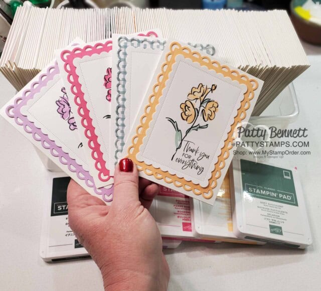 Customer Thank You cards by Patty Bennett featuring the Scalloped Contour Dies and Color & Contour stamp set with 5 new In Colors!