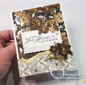 Simply Elegant designer paper, Gold Gilded Leafing and the Elegantly Said stamp set combine to create a beautiful card perfect for a wedding! www.PattyStamps.com