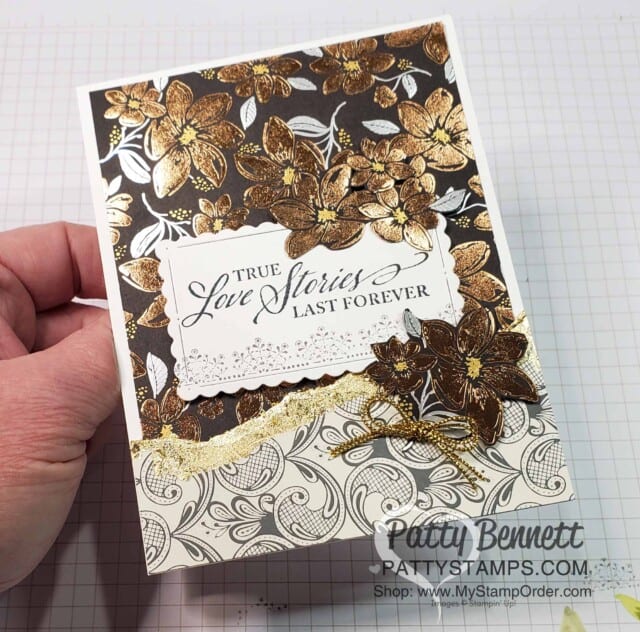 Simply Elegant designer paper, Gold Gilded Leafing and the Elegantly Said stamp set combine to create a beautiful card perfect for a wedding! www.PattyStamps.com