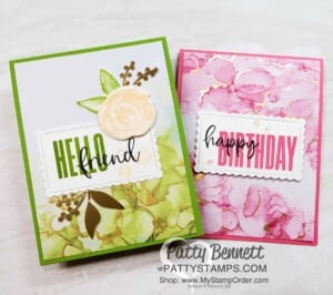 Biggest Wish stamp set and Expressions in Ink Suite from Stampin' UP! for floral cards with faux alcohol ink background, by Patty Bennett www.PattyStamps.com