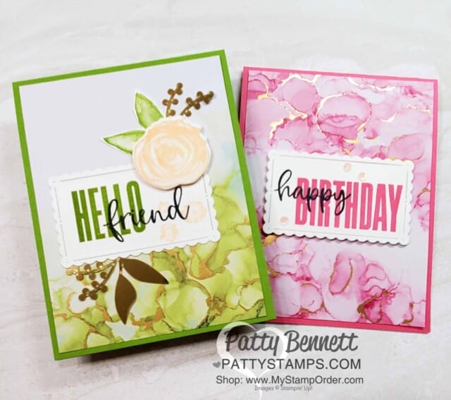 Biggest Wish stamp set and Expressions in Ink Suite from Stampin' UP! for floral cards with faux alcohol ink background, by Patty Bennett www.PattyStamps.com