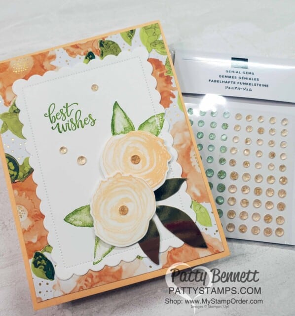 Expressions in Ink Suite from Stampin' UP! for floral cards with die cuts and faux alcohol ink backgrounds with Genial Gems, by Patty Bennett www.PattyStamps.com