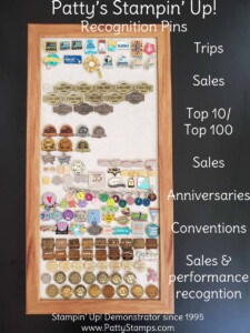 Patty's Stampin' Up! Recognition Pin Board with room to grow! Trips, Sales, Leadership, anniversaries, convention pins and more! Stampin' Up! demonstrator since 1995. www.PattyStamps.com