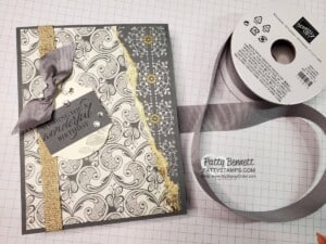 Simply Elegant designer paper with Stampin' UP! Gold Leafing. Birthday Card Idea with Smoky Slate ribbon, by Patty Bennett www.pattystamps.com