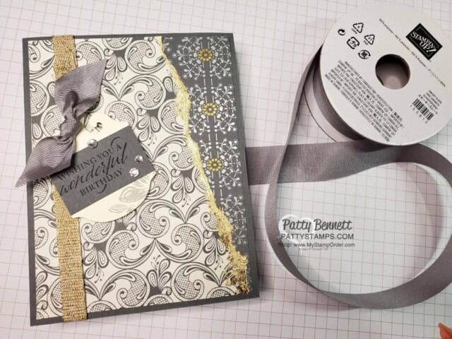 Simply Elegant designer paper with Stampin' UP! Gold Leafing. Birthday Card Idea with Smoky Slate ribbon, by Patty Bennett www.pattystamps.com