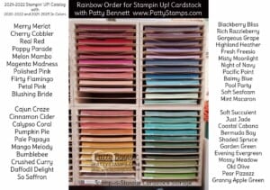 Stampin' Up! rainbow order for cardstock for the 2021-2022 catalog, including In Colors. Patty Bennett www.PattyStamps.com Cardstock storage unit by Stamp-n-Storage