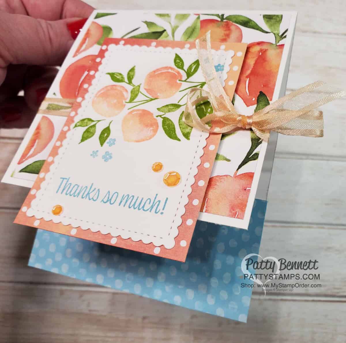 Easy Fun Fold Sweet as a Peach Stampin' Up! card idea featuring Pale Papaya ribbon, by Patty Bennett www.PattyStamps.com