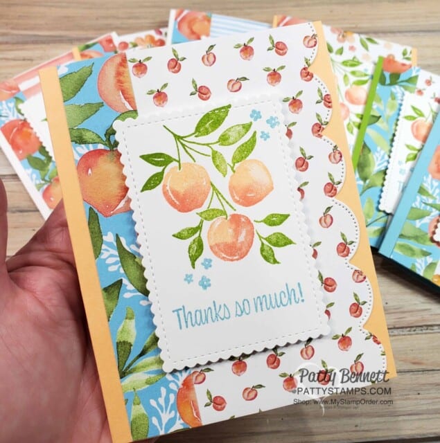 Sweet as a Peach stamp set card ideas featuring You're a Peach designer paper and Scalloped Contour dies. Tips by Patty Bennett www.PattyStamps.com