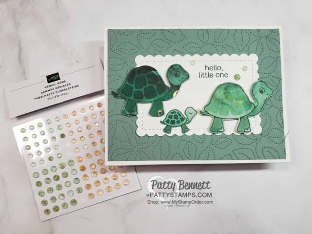 Baby Card Idea featuring Stampin' Up! Turtle Friends stamp set and punch and Genial Gems embellishments. www.PattyStamps.com