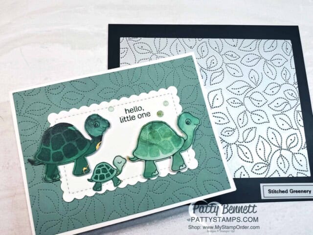 Baby Card Idea featuring Stampin' Up! Turtle Friends stamp set and punch and Stitched Greenery Die background. www.PattyStamps.com