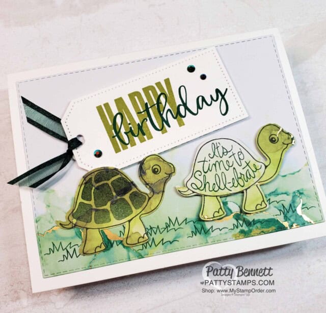 Turtle Friends birthday card idea featuring Expressions in Ink designer paper and Biggest Wish stamp set, by Patty Bennett