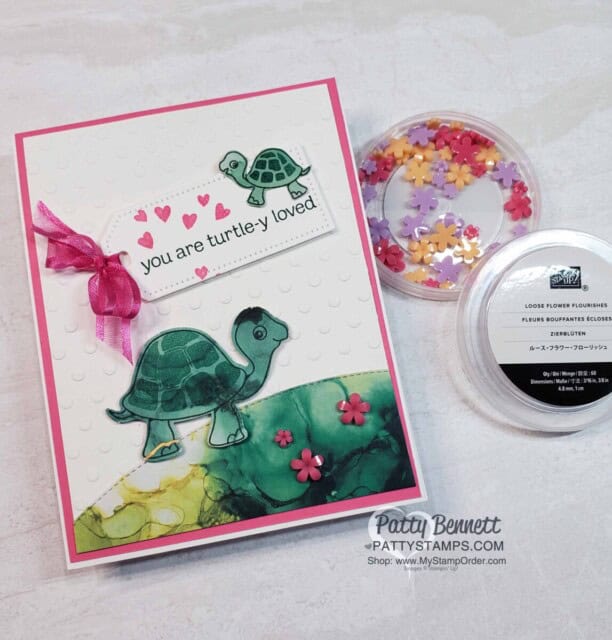 Turtle Friends card idea featuring Expressions in Ink designer paper and Loose Flower Flourishes, by Patty Bennett