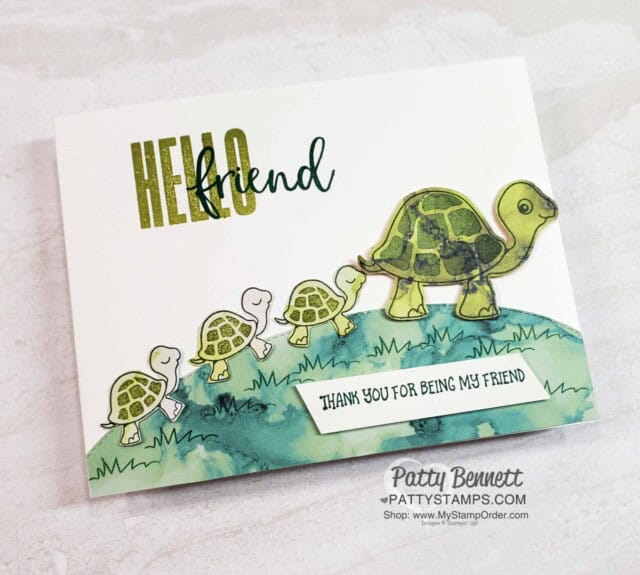 Turtle Friends card idea featuring Expressions in Ink designer paper and Biggest Wish stamp set: Hello Friend, by Patty Bennett