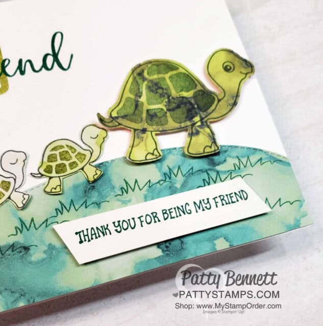 Turtle Friends card idea featuring Expressions in Ink designer paper and Biggest Wish stamp set and Many Happenings stamp set, by Patty Bennett 