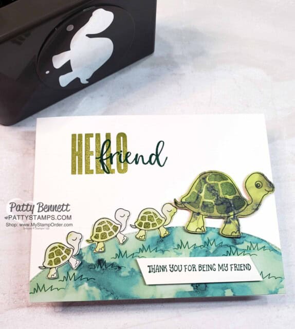 Turtle Friends card idea featuring Expressions in Ink designer paper and Biggest Wish stamp set: Hello Friend, by Patty Bennett