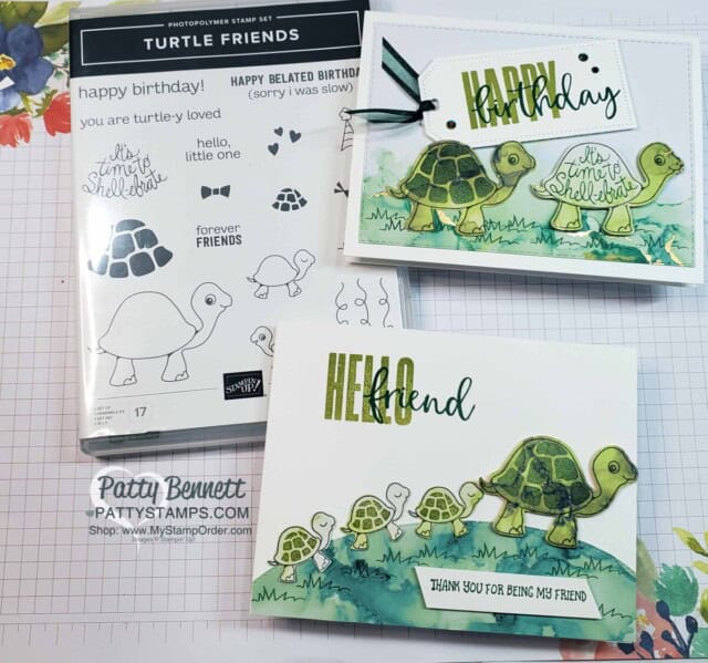Turtle Friends card ideas featuring Expressions in Ink designer paper and Biggest Wish stamp set and Many Happenings stamp set, by Patty Bennett