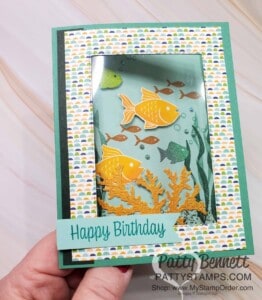 Fun and easy window card idea featuring Stampin' Up! Seascape bundle and Stitched Rectangle dies. www.PattyStamps.com