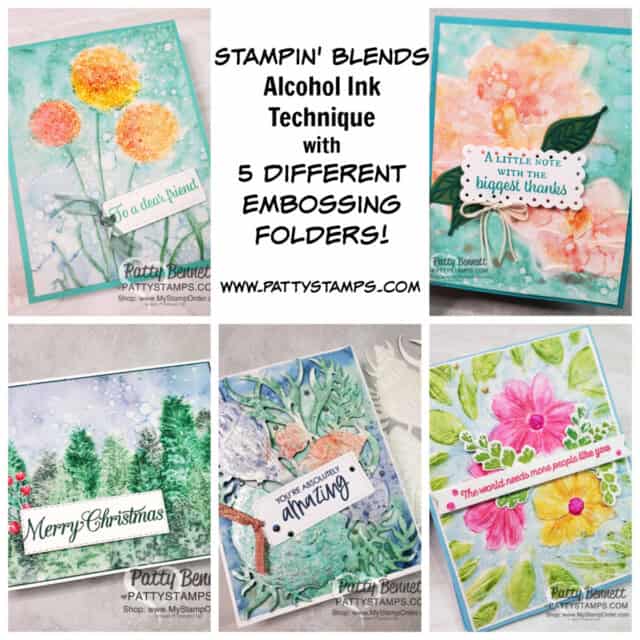 Stampin' Blends alcohol ink technique on vellum with 5 different embossing folders. www.pattystamps.com