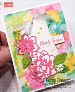 Alcohol Ink Background with Vellum and Stampin' Blends, featuring Artistic dies floral images and Tailor Made Tags dies. www.PattyStamps.com