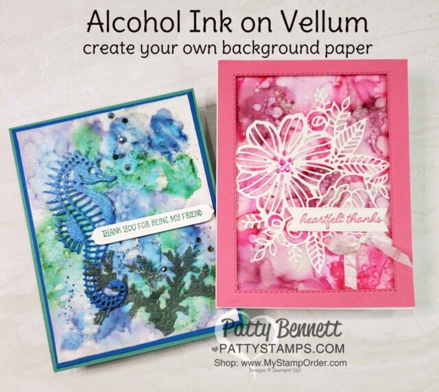 Cards created with Alcohol Ink on Vellum background technique including Wink of Stella, with Patty Bennett