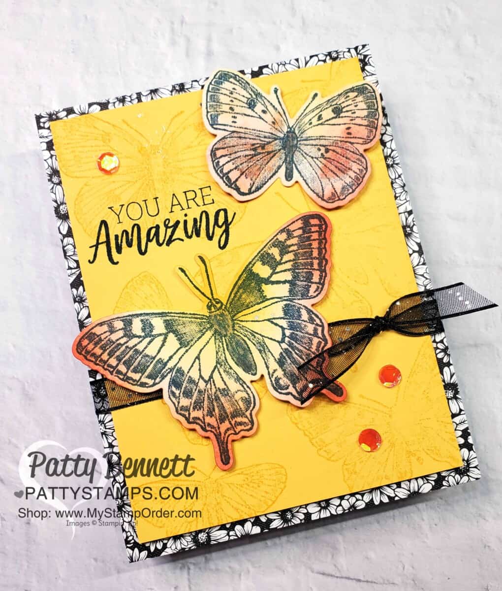 Butterfly Brilliance card idea with True Love Designer paper mat layer by Patty Bennett