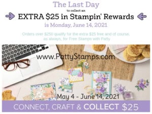 Last day to receive an extra $25 in Stampin' Rewards on your $250 order is 6-14-21 www.PattyStamps.com