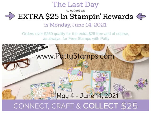 Last day to receive an extra $25 in Stampin' Rewards on your $250 order is 6-14-21 www.PattyStamps.com