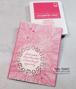 Embossed vellum card featuring Bloom embossing folder and Encircled in Beauty bundle and new In Color: Polished Pink by Patty Bennett