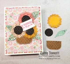 Die cut supplies for: Encircled in Beauty dies creates adorable flowers!! Seasonal Basket and Pattern Party Hostess paper. card by Patty Bennett