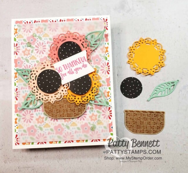 Die cut supplies for: Encircled in Beauty dies creates adorable flowers!! Seasonal Basket and Pattern Party Hostess paper. card by Patty Bennett