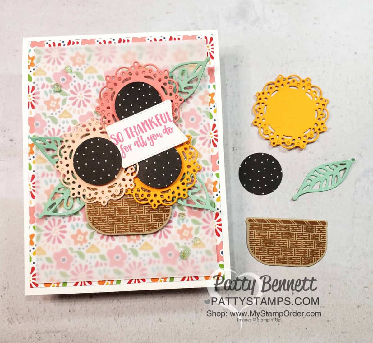 Die cut supplies for: Encircled in Beauty dies creates adorable flowers!! Seasonal Basket and Pattern Party Hostess paper. card by Patty Bennett