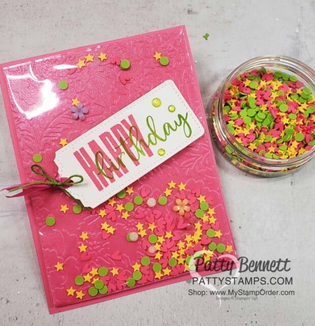 Faux Shaker Card with Clear Envelope, Shimmer Vellum and Shaker Shapes from Stampin' Up!. www.PattyStamps.com