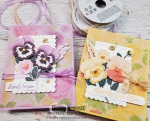 Die cut or Fussy Cut Pansy Petals designer paper to make cards, featuring Stampin' Up! Pretty Flowers embossing folder and vellum colored with Blending Brushes! www.PattyStamps.com