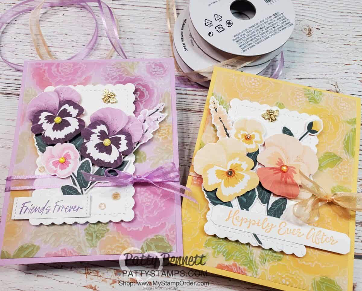Die cut or Fussy Cut Pansy Petals designer paper to make cards, featuring Stampin' Up! Pretty Flowers embossing folder and vellum colored with Blending Brushes! www.PattyStamps.com