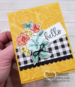 Hand-Penned stamp set colored with Stampin' Blends markers paired with Pattern Party paper, card by Patty Bennett