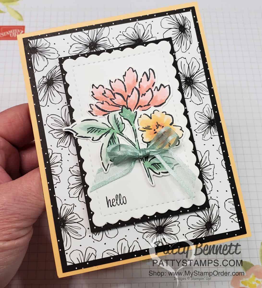 Hand-Penned hello card created with Stampin' Blends markers and Pattern Party designer paper from Stampin' Up! www.PattyStamps.com