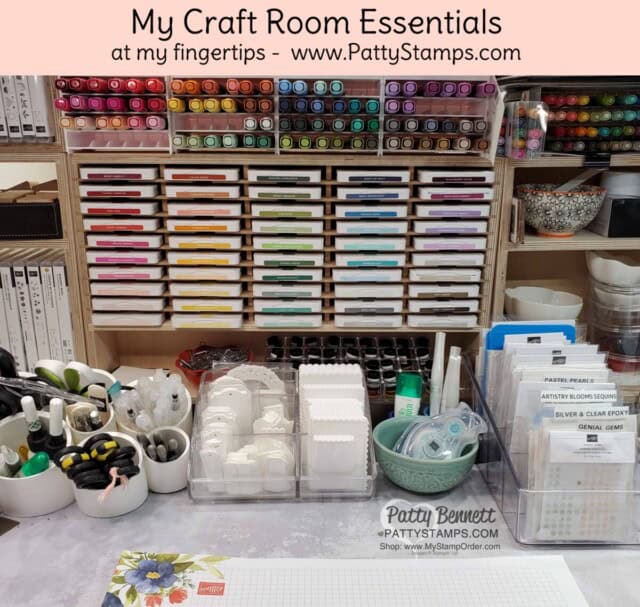 All of my essential Stampin' UP! supplies in front of me in my stamp room. www.PattyStamps.com