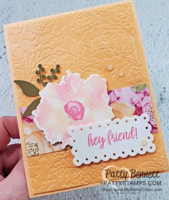 Stampin' Up! Shimmer Vellum in new In Colors embossed with the Pretty Flowers embossing folder - card decorated with Expressions in Ink Suite. www.PattyStamps.com