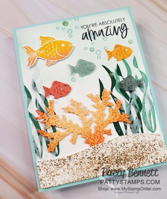 Seascape Bundle from Stampin Up You Are Amazing card idea with coral and fish die cuts from Sea Life dies. www.PattyStamps.com